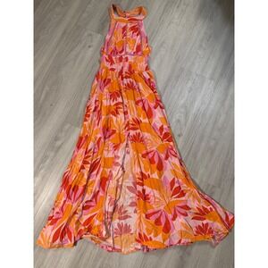 Abel The Label Anthropologie Floral Halter Maxi Dress Pink Orange Crochet NEW